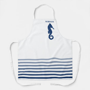 Your Name or Text Seahorse Navy Blue White Striped Apron