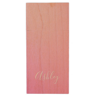 Your Name or Word   Pink Ombre Gradation Wood Flash Drive