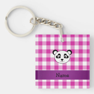 Your name panda bear head pink gingham checkers keychain