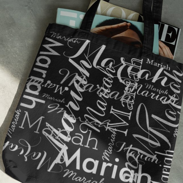 Your name pattern black stylish tote bag (fashion in black and white with name printed)