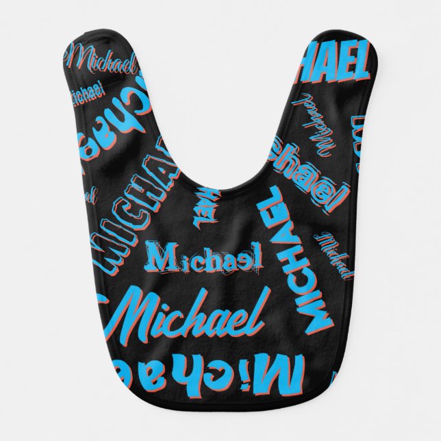 Your name pattern monogram blue red black colour baby bib (Front)