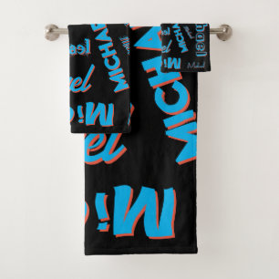 Your name pattern monogram blue red black colour bath towel set