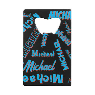 Your name pattern monogram blue red black colour credit card bottle opener