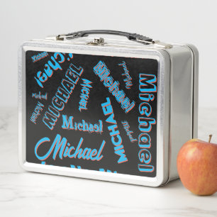 Your name pattern monogram blue red black colour metal lunch box