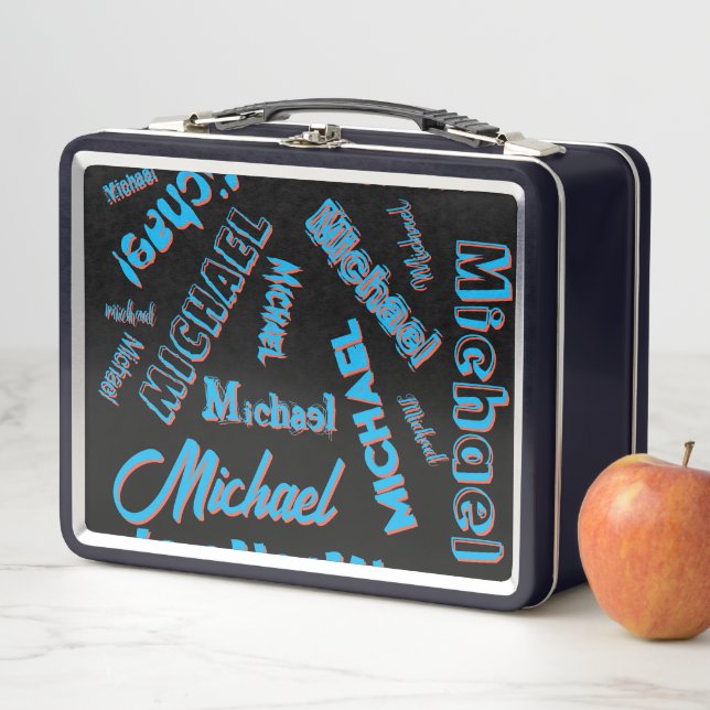 Your name pattern monogram blue red black colour metal lunch box (In Situ)