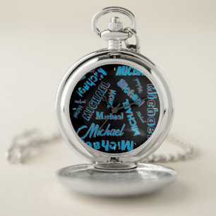 Your name pattern monogram blue red black colour pocket watch