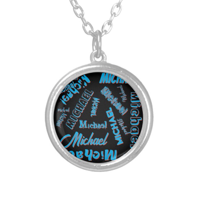 Your name pattern monogram blue red black colour silver plated necklace (Front)