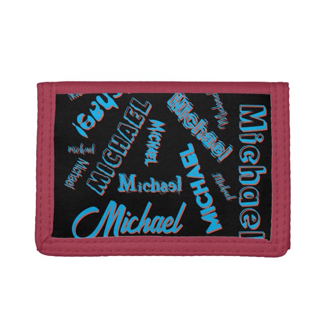 Your name pattern monogram blue red black colour trifold wallet (Front)