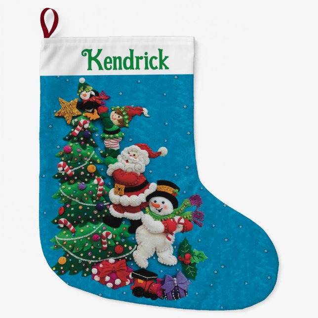 Your Name Personalize Fun Santa Snowman Blue Green Large Christmas Stocking (Front)