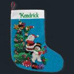 Your Name Personalize Fun Santa Snowman Blue Green Small Christmas Stocking<br><div class="desc">Your Name Personalize Fun Santa Snowman Red Green Large Christmas Stocking</div>