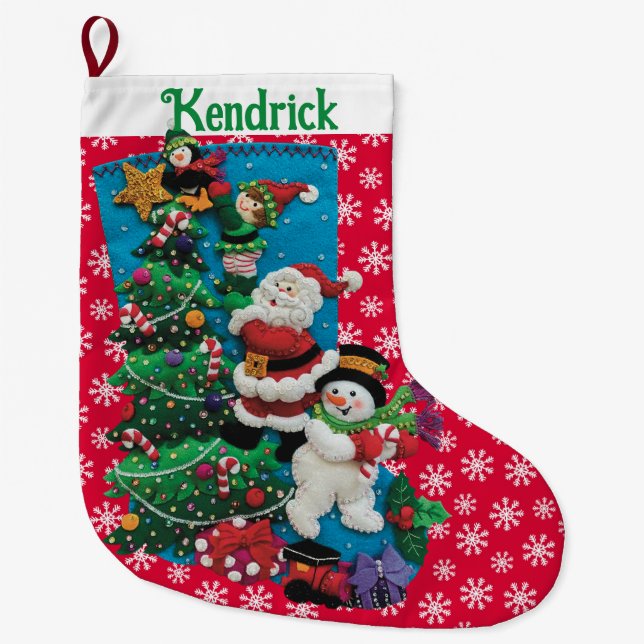 Your Name Personalize Fun Santa Snowman Red Green Large Christmas Stocking (Front)