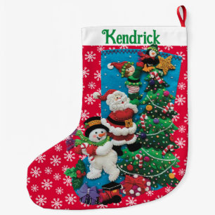 Your Name Personalize Fun Santa Snowman Red Green Large Christmas Stocking