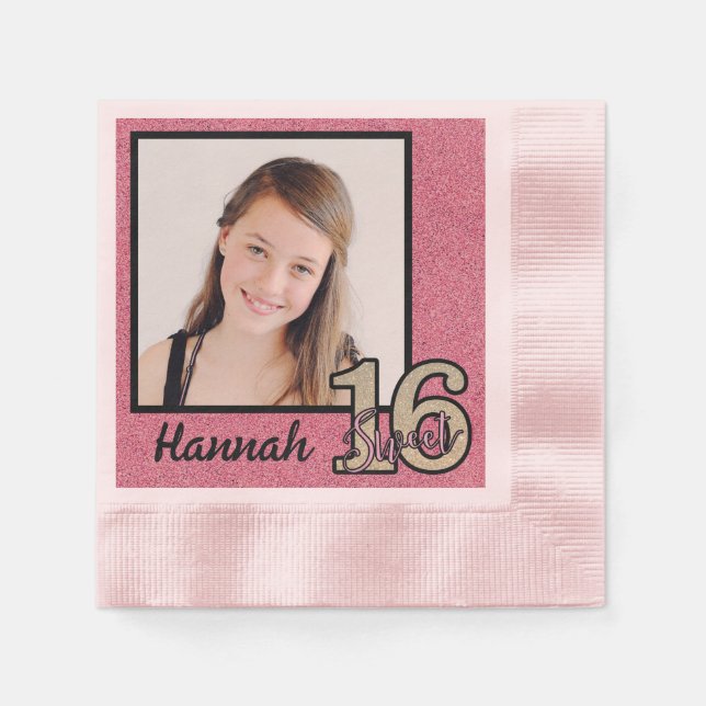 Your Name & Photo Sweet 16 with Pink Glitter Napkins (Front)