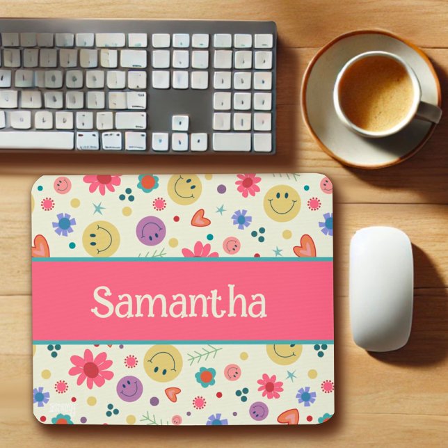 Your Name Pink Colorful Hearts Smiles Inspirivity Mouse Pad (Creator Uploaded)