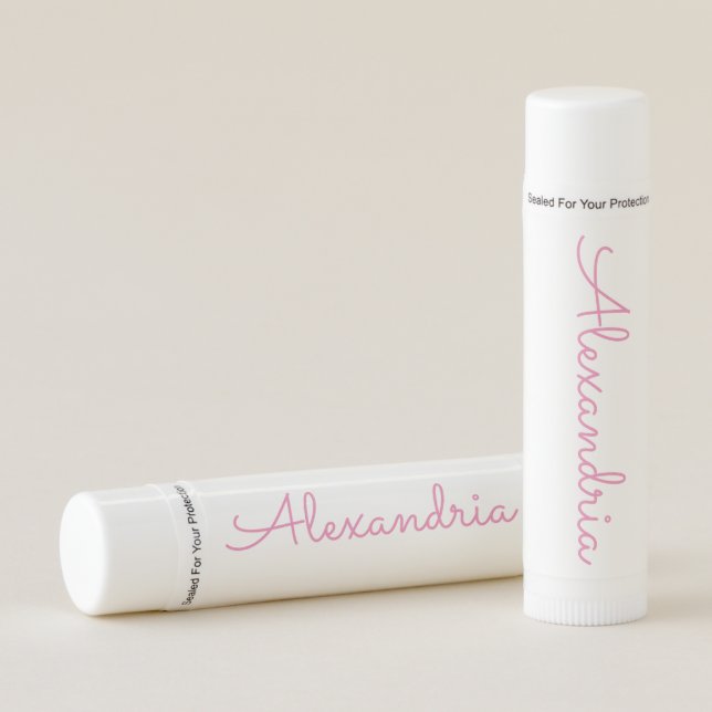 Your Name Pink Handwritten Script Lip Balm (Front)
