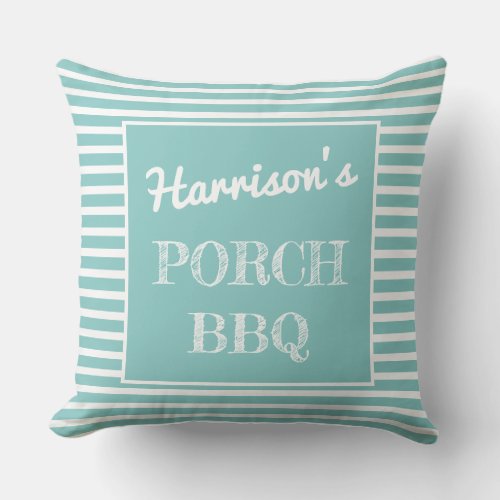 Your Name Porch BBQ Sea Green  White Personalized Outdoor Pillow