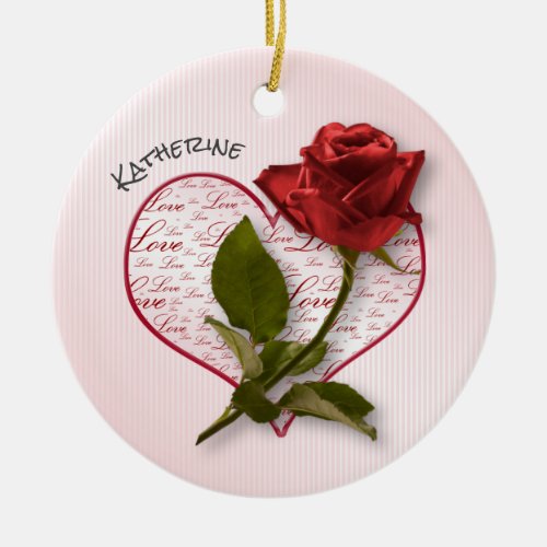 Your Name  Red Rose  Stem Floral Photography Ceramic Ornament