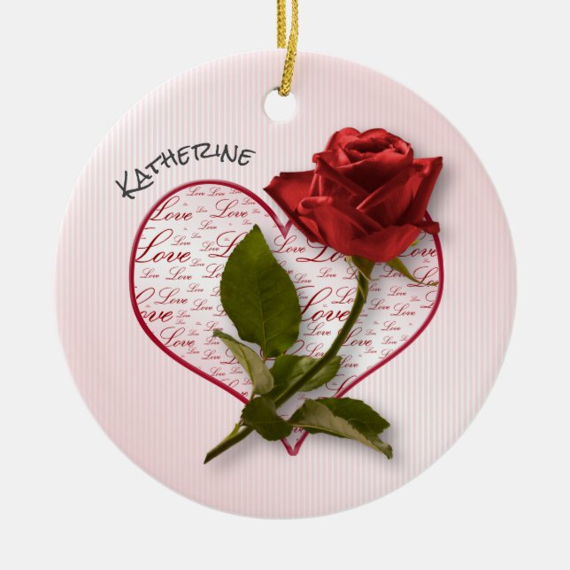 Your Name | Red Rose & Stem Floral Photography Ceramic Ornament (Front)