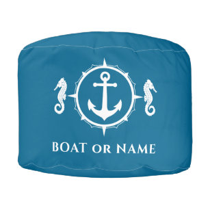 Your Name Seahorse Nautical Boat Anchor Aqua Blue Pouf