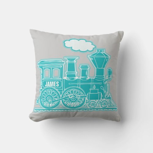 Your name steam train loco aqua grey throw pillow