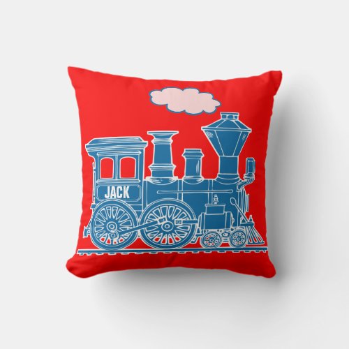 Your name steam train loco blue red throw pillow
