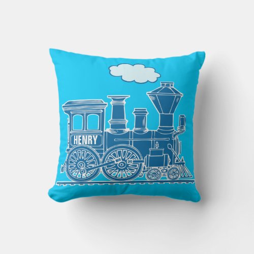 Your name steam train loco blue throw pillow