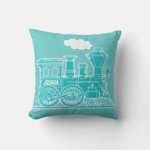 Your name steam train loco teal blue throw pillow