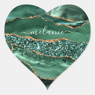 Your Name Sticker Agate Green Gold Glitter Marble