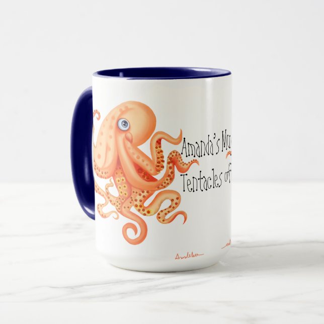 Your name tentacles off cute orange octopus mug (Front Left)