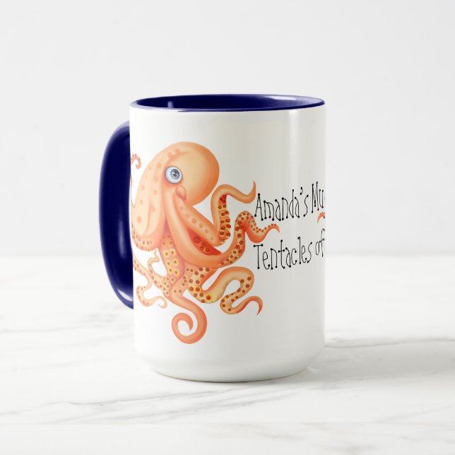 Your name tentacles off cute orange octopus mug (Front Left)