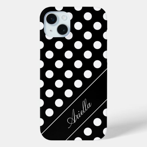 Your Name Text Template Polka dot Black  White iPhone 15 Plus Case