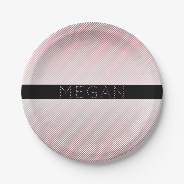 Your Name | Thin Rose Ombre & White Stripes Paper Plates (Front)