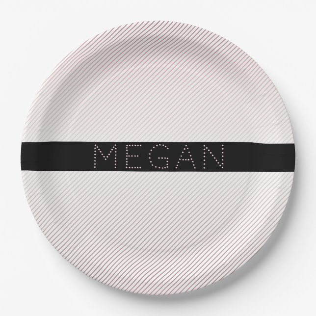 Your Name | Thin White & Sublte Rose Ombre Stripes Paper Plates (Front)
