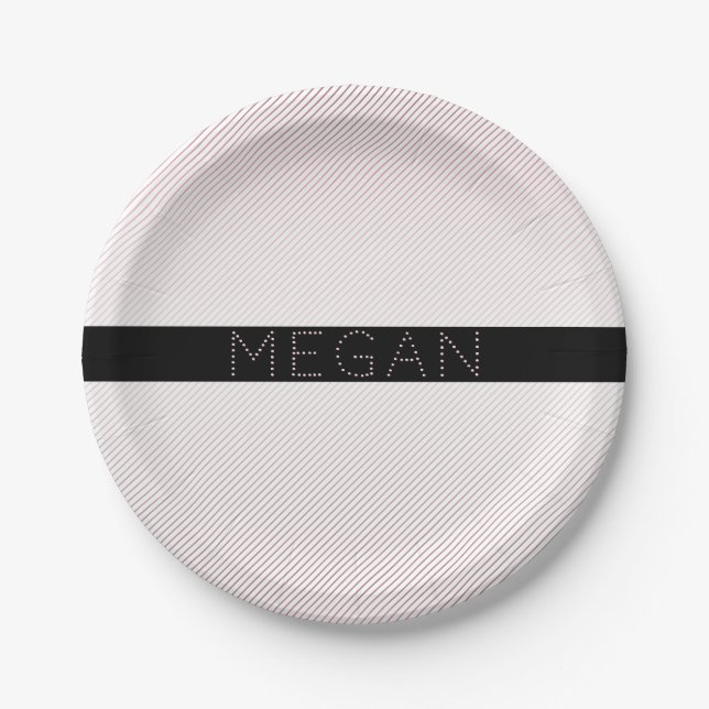 Your Name | Thin White & Sublte Rose Ombre Stripes Paper Plates (Front)