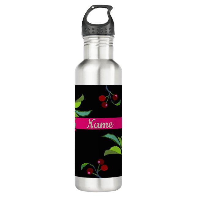 Your Name Three Cherries Limb Stainless Steel Water Bottle (Front)