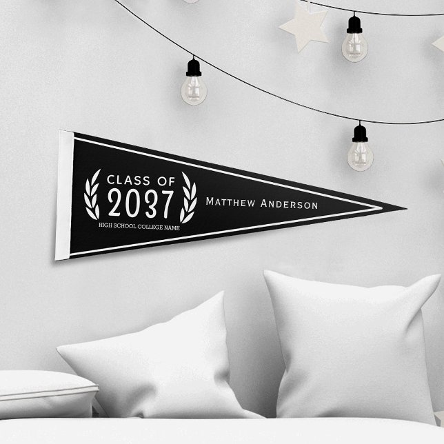Your Name Trendy Black White Laurel Leaves Grad Pennant Flag (Creator Uploaded)
