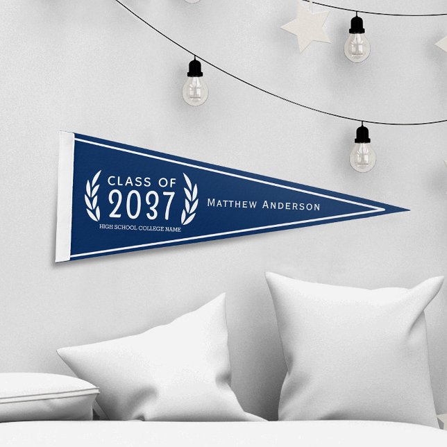 Your Name Trendy Blue And White Laurel Leaves Grad Pennant Flag (Creator Uploaded)