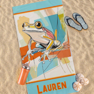 Your Name Turquoise Frog Art Beach Towel