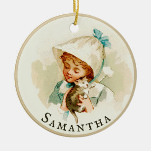 Your Name Vintage Girl Kitten Christmas Cat Lover Ceramic Ornament