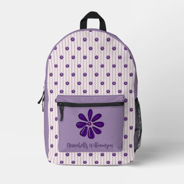 Your Name Violet & Blush Stripes - Purple Blooms Printed Backpack (Front)