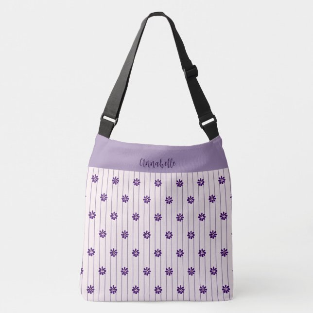 Your Name Violet, Blush Stripes Violet Flowers Crossbody Bag (Front)