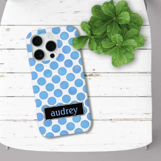 Your Name Watercolor Blue Polka Dot Pattern iPhone 16 Pro Case