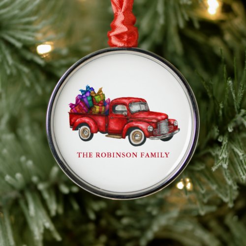 Your Name Watercolor Classic Red Truck With Gifts Metal Ornament