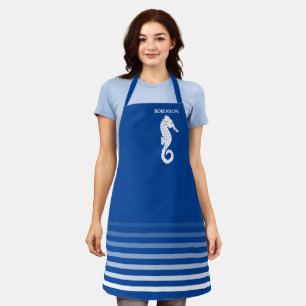 Your Name with Seahorse Navy Blue White Stripe Apron
