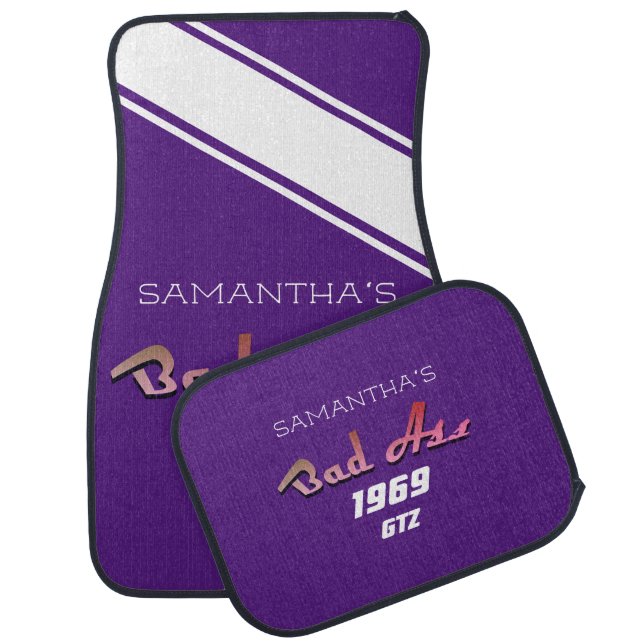 Your Name Year Model Bad A Racing Stripes Purple Car Floor Mat (Set)