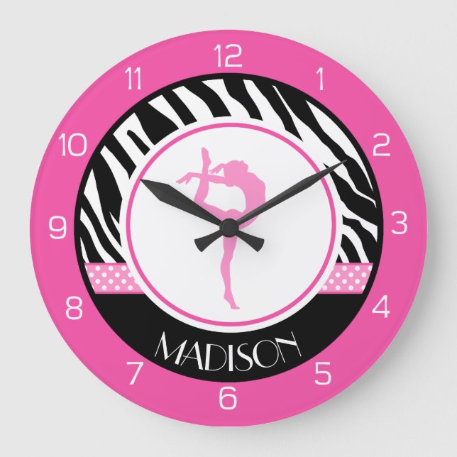 Your Name Zebra Print Gymnastics with Pink Details Large Clock (Front)
