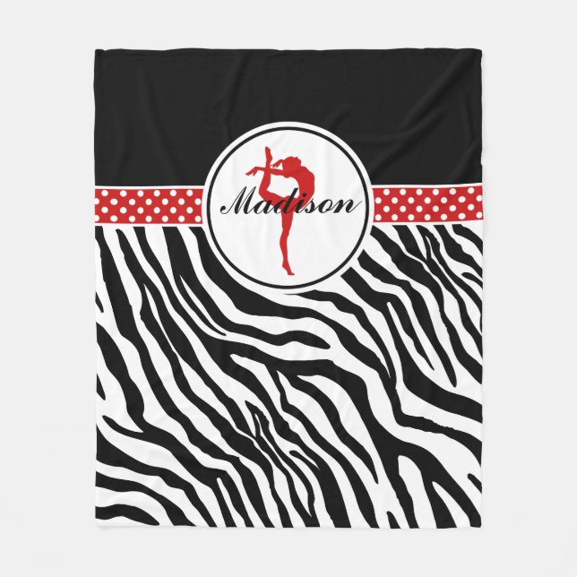 Your Name Zebra Print Gymnastics with Red Details Fleece Blanket (Front)