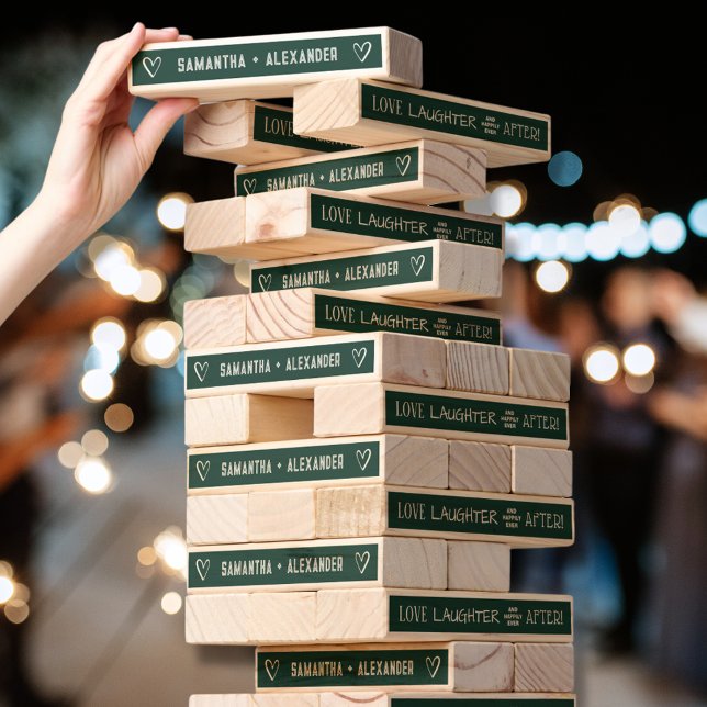 Your Names and Happily Ever After Green Wedding  Topple Tower (Your names on the front, "Love Laughter and Happily Ever After" on the back on emerald green pieces)