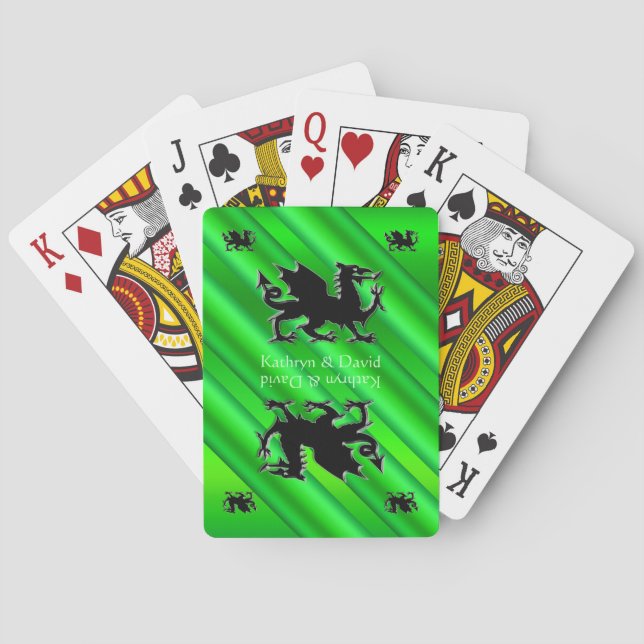 Your Names, Black Dragons logo, green metal-effect Poker Cards (Back)