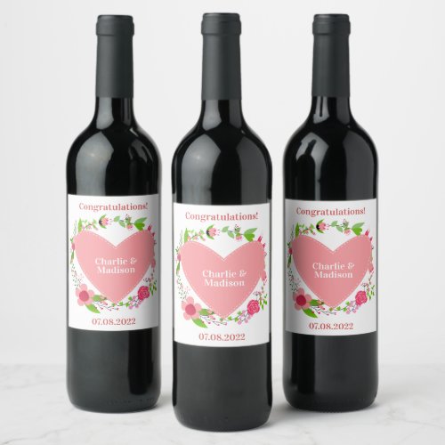 Your Names  Custom Text  in a Flowery Heart Wine Label